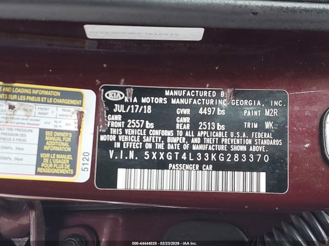 44444028 :رقم المزاد ، 5XXGT4L33KG283370 vin ، 2019 Kia Optima Lx مزاد بيع