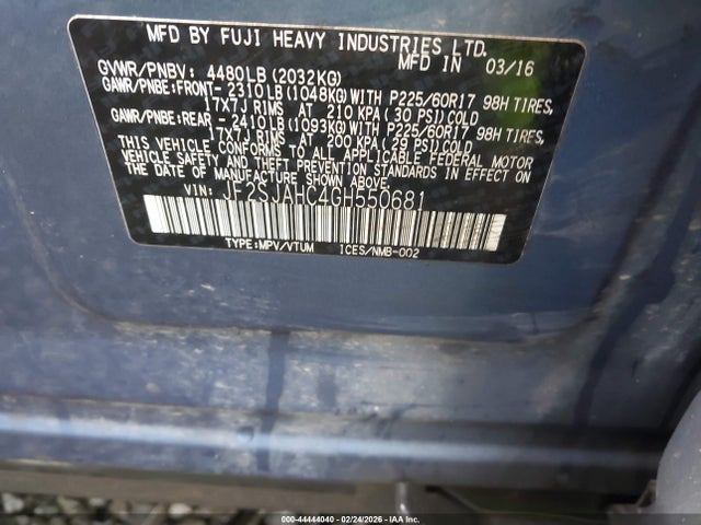 2016 Subaru Forester 2.5i Limited მანქანა იყიდება აუქციონზე, vin: JF2SJAHC4GH550681, აუქციონის ნომერი: 44444040