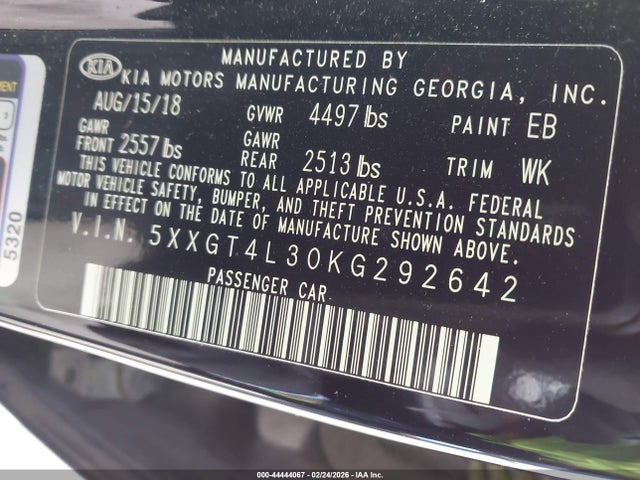 Продажа на аукционе авто 2019 Kia Optima S, vin: 5XXGT4L30KG292642, номер лота: 44444067