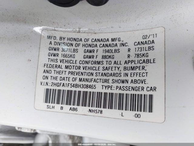Продажа на аукционе авто 2011 Honda Civic Lx, vin: 2HGFA1F54BH308465, номер лота: 44444085