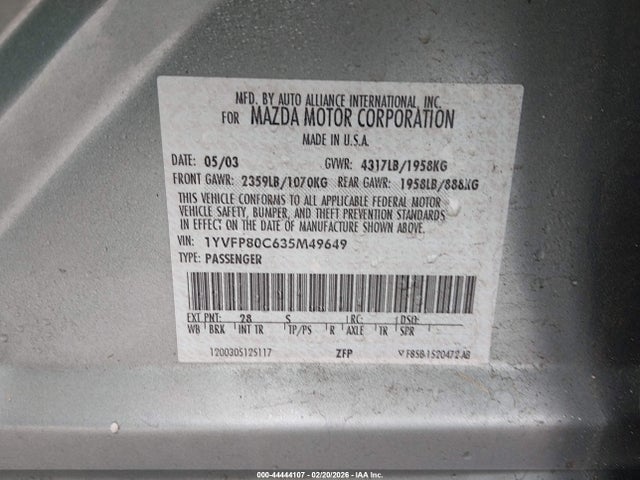 Продаж на аукціоні авто 2003 Mazda Mazda6 I, vin: 1YVFP80C635M49649, номер лоту: 44444107