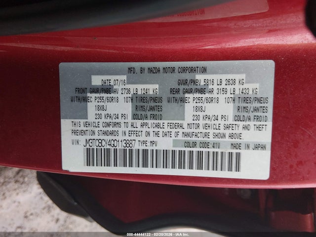 Продажа на аукционе авто 2016 Mazda Cx-9 Touring, vin: JM3TCBCY4G0113887, номер лота: 44444122