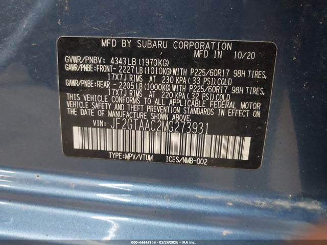 Aukcja sprzedaży 2021 Subaru Crosstrek, vin: JF2GTAAC2MG273931, numer aukcji: 44444159