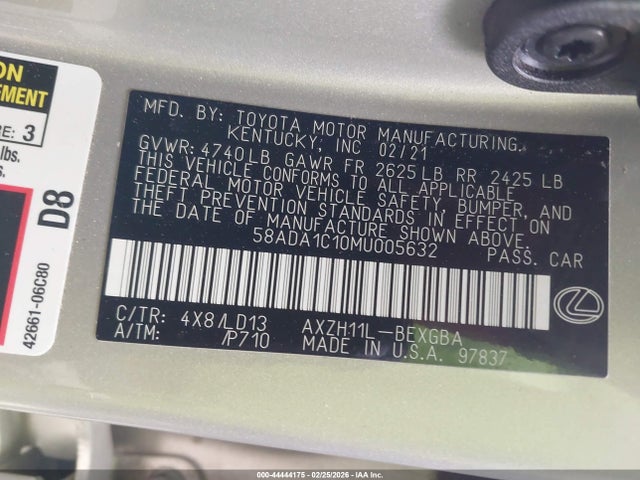 44444175 :رقم المزاد ، 58ADA1C10MU005632 vin ، 2021 Lexus Es 300h مزاد بيع
