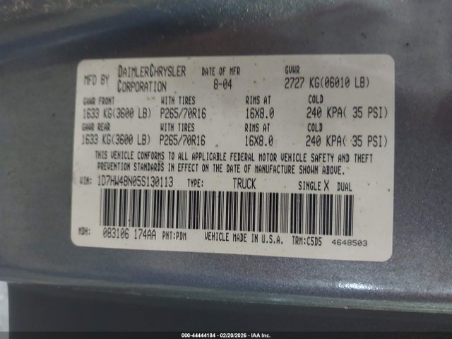 44444184 :رقم المزاد ، 1D7HW48N05S130113 vin ، 2005 Dodge Dakota Slt مزاد بيع