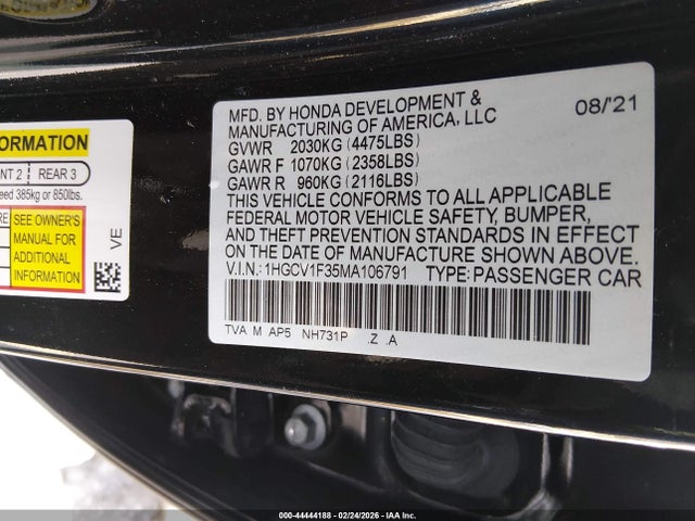 44444188 :رقم المزاد ، 1HGCV1F35MA106791 vin ، 2021 Honda Accord Sport مزاد بيع