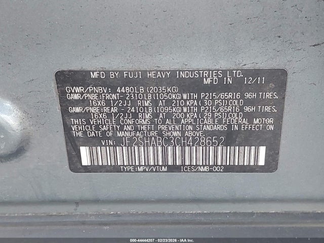 2012 Subaru Forester 2.5x მანქანა იყიდება აუქციონზე, vin: JF2SHABC3CH428652, აუქციონის ნომერი: 44444207