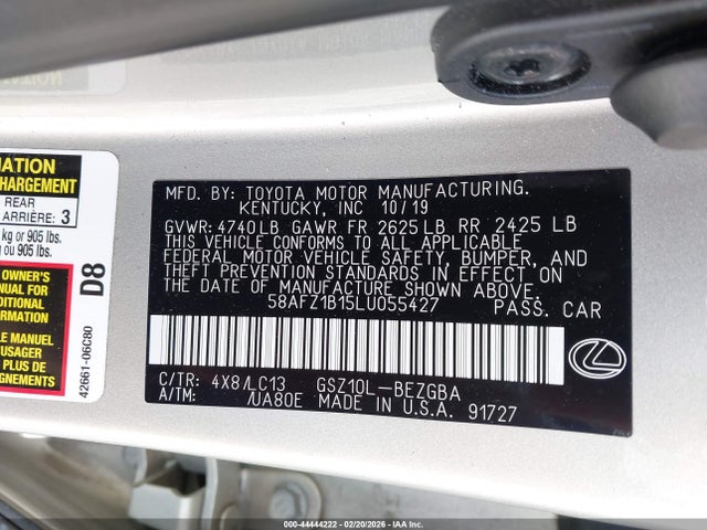 Aukcja sprzedaży 2020 Lexus Es 350 Ultra Luxury, vin: 58AFZ1B15LU055427, numer aukcji: 44444222