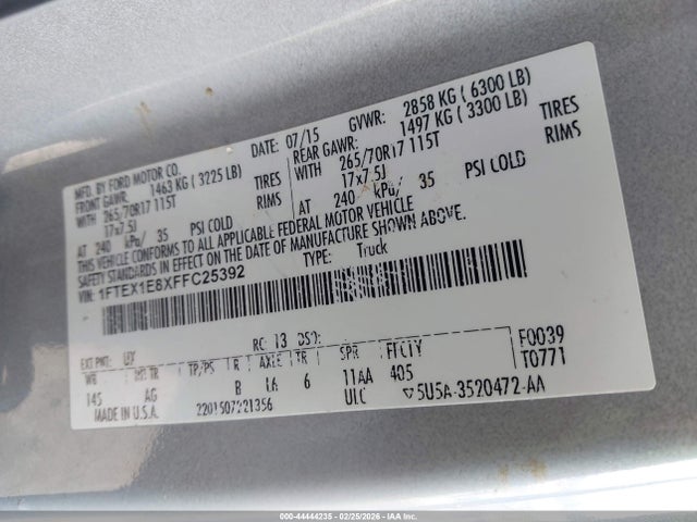 Продаж на аукціоні авто 2015 Ford F-150 Xl, vin: 1FTEX1E8XFFC25392, номер лоту: 44444235