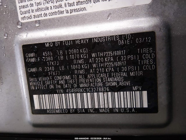 2012 Subaru Outback 2.5i Limited მანქანა იყიდება აუქციონზე, vin: 4S4BRBKC1C3278826, აუქციონის ნომერი: 44444246