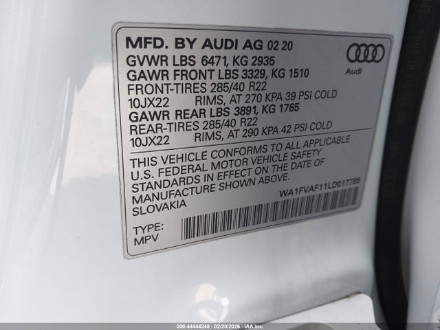 2020 Audi Q8 Prestige 55 Tfsi Quattro Tiptronic მანქანა იყიდება აუქციონზე, vin: WA1FVAF11LD017785, აუქციონის ნომერი: 44444248