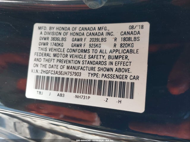 44444269 :رقم المزاد ، 2HGFC3A56JH757903 vin ، 2018 Honda Civic Si مزاد بيع