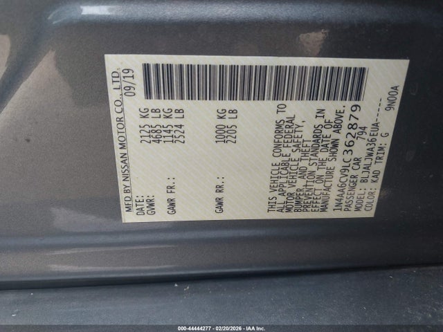 Продаж на аукціоні авто 2020 Nissan Maxima Sv Xtronic Cvt, vin: 1N4AA6CV9LC362879, номер лоту: 44444277