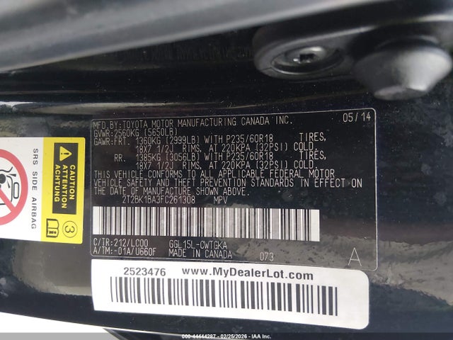 44444287 :رقم المزاد ، 2T2BK1BA3FC261308 vin ، 2015 Lexus Rx 350 مزاد بيع