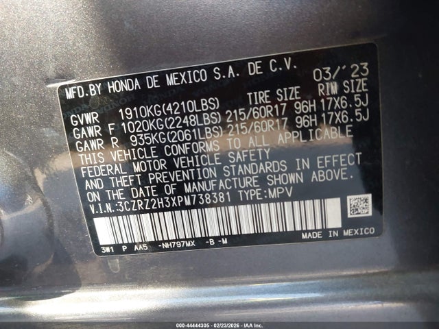 3CZRZ2H3XPM738381 Honda Hr-v Awd Lx