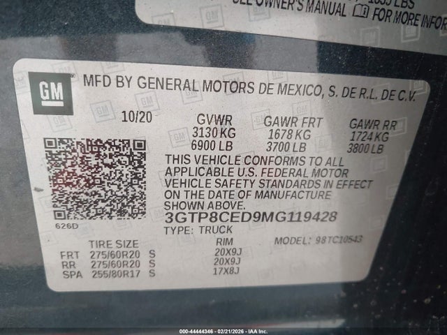 Aukcja sprzedaży 2021 Gmc Sierra 1500 2wd  Short Box Elevation, vin: 3GTP8CED9MG119428, numer aukcji: 44444346