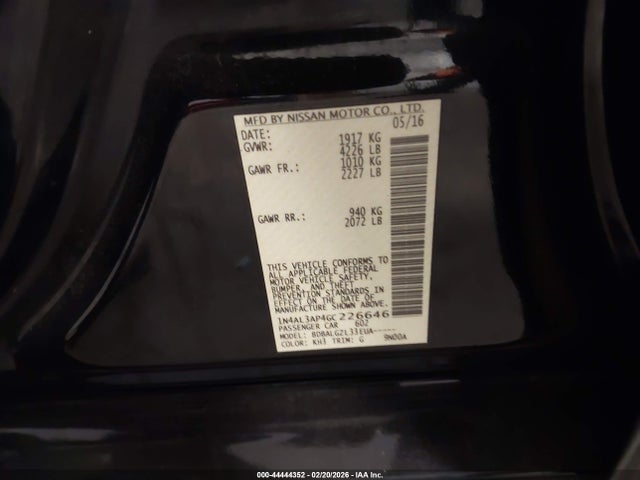 44444352 :رقم المزاد ، 1N4AL3AP4GC226646 vin ، 2016 Nissan Altima 2.5/2.5 S/2.5 Sl/2.5 Sr/2.5 Sv مزاد بيع