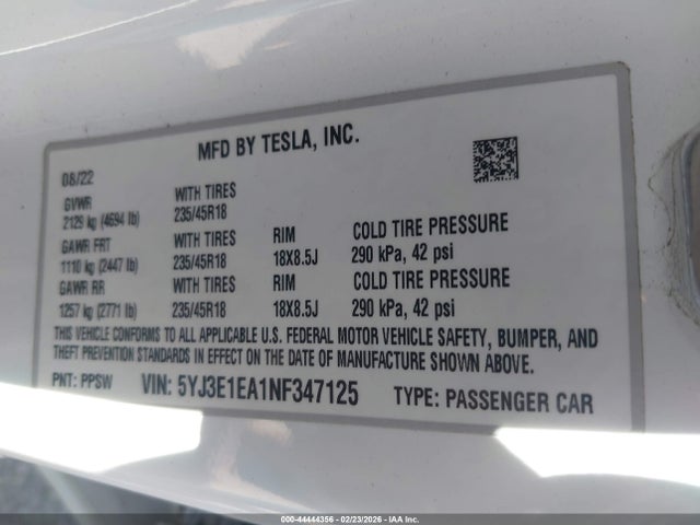 Aukcja sprzedaży 2022 Tesla Model 3 Rear-wheel Drive, vin: 5YJ3E1EA1NF347125, numer aukcji: 44444356