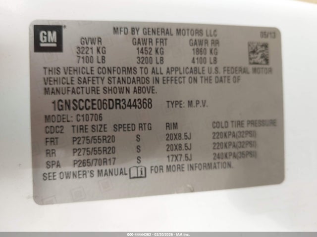Aukcja sprzedaży 2013 Chevrolet Tahoe Ltz, vin: 1GNSCCE06DR344368, numer aukcji: 44444362