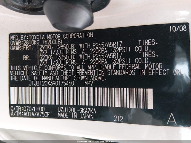 44444364 :رقم المزاد ، JTJBT20X390175460 vin ، 2009 Lexus Gx 470 مزاد بيع