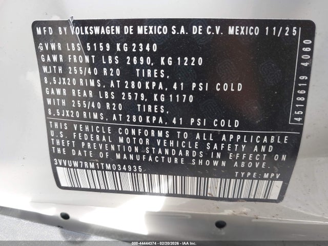 44444374 :رقم المزاد ، 3VVUW7RM1TM034935 vin ، 2026 Volkswagen Tiguan Sel R-line Turbo مزاد بيع