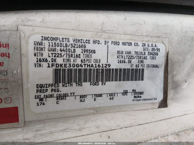 Aukcja sprzedaży 1996 Ford Econoline E350 Cutaway Van, vin: 1FDKE30G4THA16129, numer aukcji: 44444418