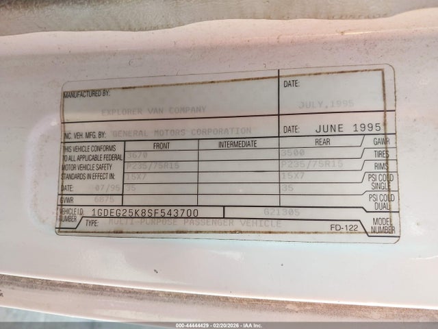 1995 GMC RALLY WAGON / VAN 1GDEG25K8SF543700 Photo 8