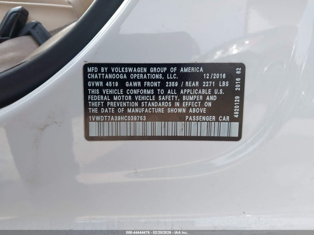Продаж на аукціоні авто 2017 Volkswagen Passat 1.8t R-line, vin: 1VWDT7A39HC039753, номер лоту: 44444476