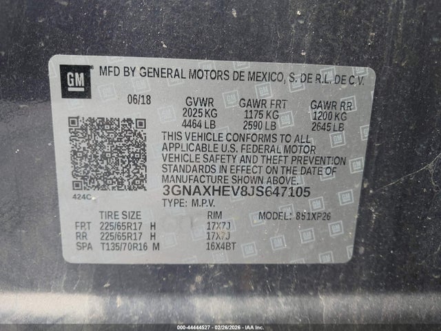 44444527 :رقم المزاد ، 3GNAXHEV8JS647105 vin ، 2018 Chevrolet Equinox Ls مزاد بيع