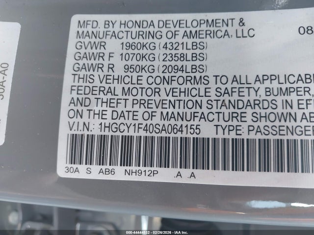 2025 Honda Accord Se მანქანა იყიდება აუქციონზე, vin: 1HGCY1F40SA064155, აუქციონის ნომერი: 44444532