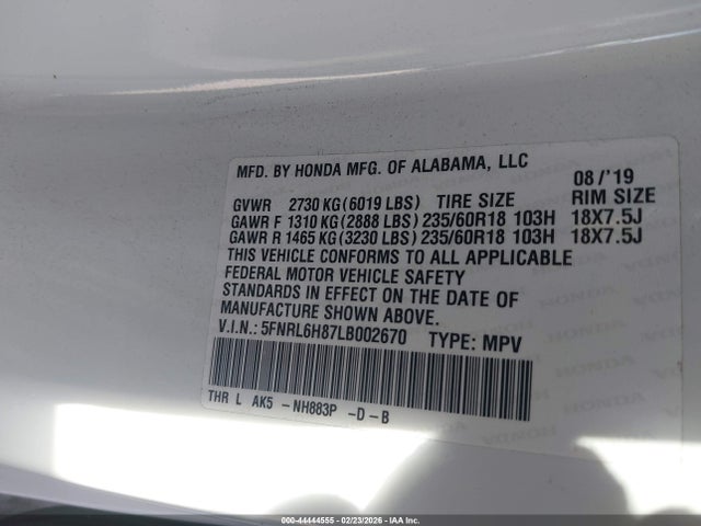 5FNRL6H87LB002670 Honda Odyssey Touring
