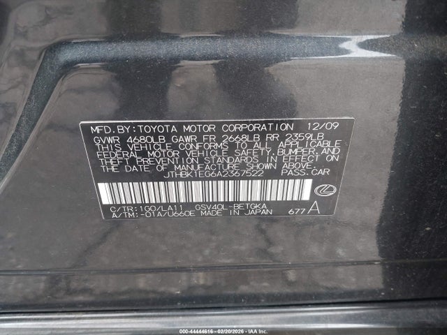 Aukcja sprzedaży 2010 Lexus Es 350, vin: JTHBK1EG6A2367522, numer aukcji: 44444616