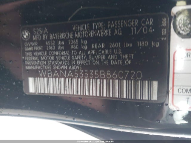 Продаж на аукціоні авто 2005 Bmw 525i, vin: WBANA53535B860720, номер лоту: 44444618