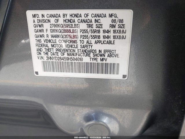 44444622 :رقم المزاد ، 2HNYD28459H504010 vin ، 2009 Acura Mdx Technology Package مزاد بيع
