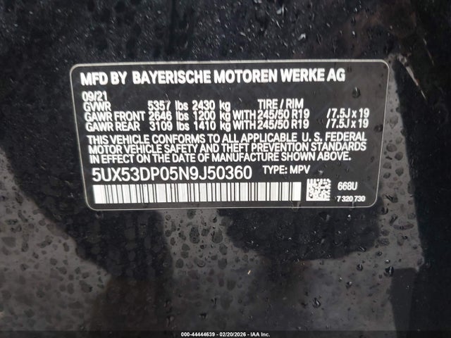Aukcja sprzedaży 2022 Bmw X3 Xdrive30i, vin: 5UX53DP05N9J50360, numer aukcji: 44444639