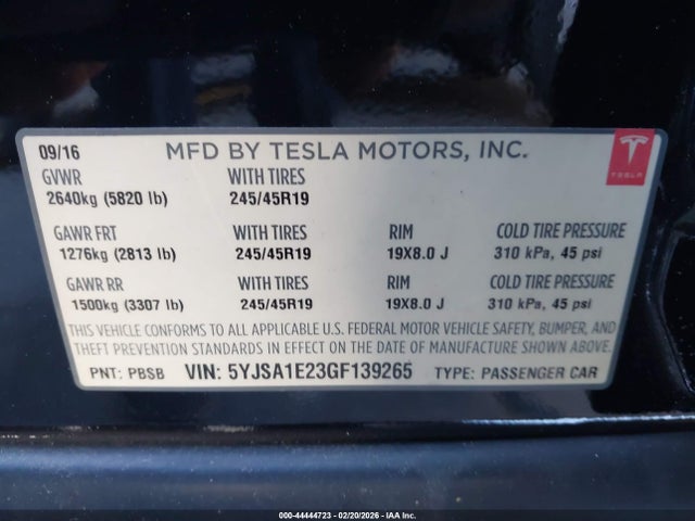 Tesla Model S 60d/70d/75d/85d/90d 2016 5YJSA1E23GF139265 Image 9