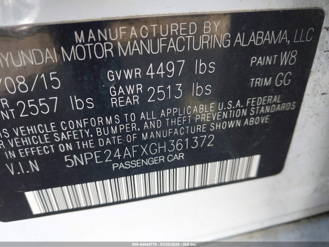 5NPE24AFXGH361372 Hyundai SONATA SE