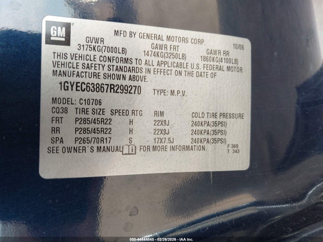 Aukcja sprzedaży 2007 Cadillac Escalade Standard, vin: 1GYEC63867R299270, numer aukcji: 44444845