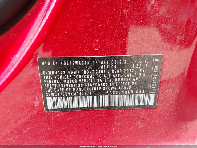 44444848 :رقم المزاد ، 3VWCB7BU9KM142277 vin ، 2019 Volkswagen Jetta 1.4t R-line/1.4t S/1.4t Se مزاد بيع