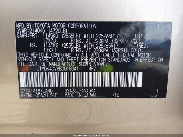Aukcja sprzedaży 2011 Toyota Rav4 Limited V6, vin: JTMDK4DV8BD018041, numer aukcji: 44444866