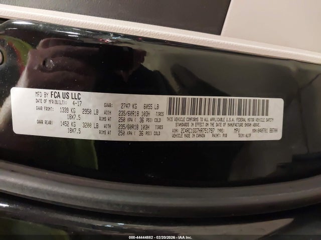Aukcja sprzedaży 2017 Chrysler Pacifica Limited, vin: 2C4RC1GG7HR751797, numer aukcji: 44444882