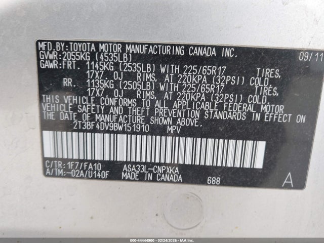 Aukcja sprzedaży 2011 Toyota Rav4, vin: 2T3BF4DV9BW151910, numer aukcji: 44444900