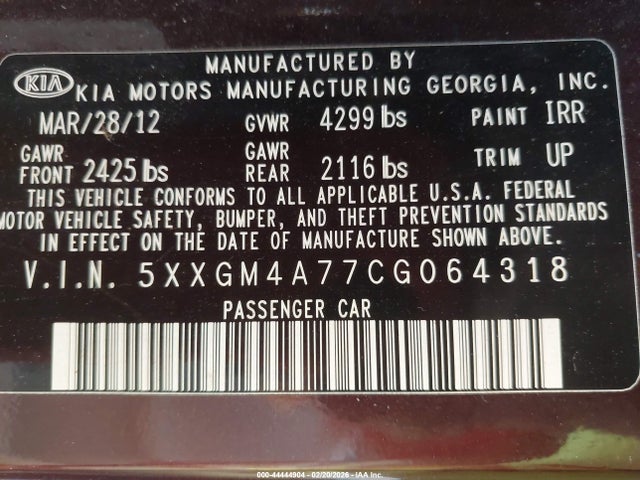 2012 Kia Optima Lx მანქანა იყიდება აუქციონზე, vin: 5XXGM4A77CG064318, აუქციონის ნომერი: 44444904