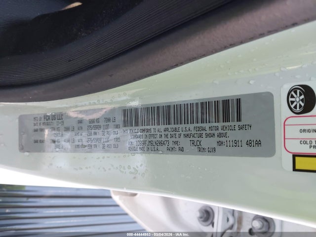 44444953 :رقم المزاد ، 1C6SRFJM6LN206473 vin ، 2020 Ram 1500 Laramie  4x4 5'7 Box مزاد بيع