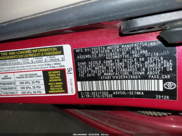 4T4BF1FK2ER428661 Toyota CAMRY LE