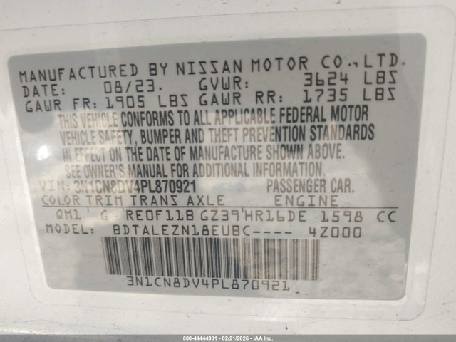 Продажа на аукционе авто 2023 Nissan Versa 1.6 S Xtronic Cvt, vin: 3N1CN8DV4PL870921, номер лота: 44444981