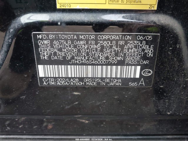Продаж на аукціоні авто 2006 Lexus Gs 300, vin: JTHCH96S460007799, номер лоту: 44444988