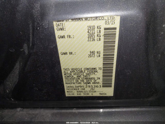 1N4AL3AP9FC295363 Nissan Altima 2.5/2.5 S/2.5 Sl/2.5 Sv