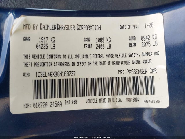 Aukcja sprzedaży 2006 Chrysler Sebring, vin: 1C3EL46X86N183737, numer aukcji: 44445100