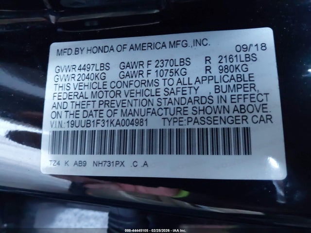 44445105 :رقم المزاد ، 19UUB1F31KA004981 vin ، 2019 Acura Tlx Standard مزاد بيع